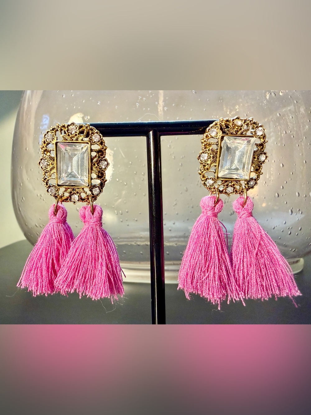 Bohemian Gold Tone Faux Crystal Pink Tassel Dangle Earrings New Without Tags
